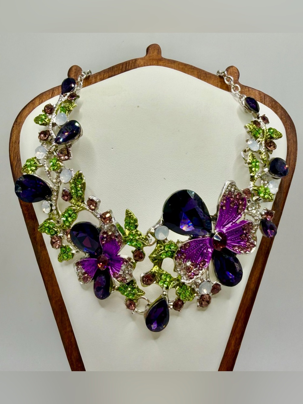 Purple Butterfly Rhinestone Statement Necklace Floral Crystal Jewelry